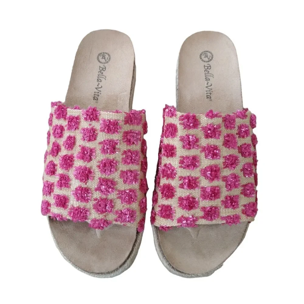 New Bella Vita Woman's Raffia Flatform Espadrilles Pink Poms Size 8 Wide Wide
